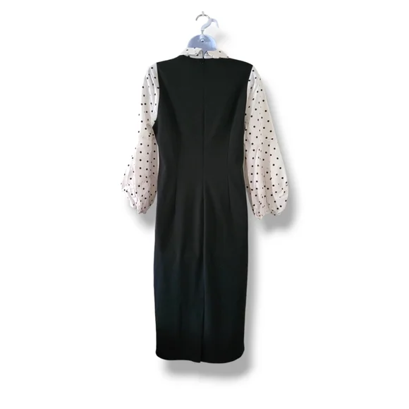 New York & Co | Black/White Polka Dot Puff Sleeve Midi Sheath Dress (SIZE M) - Picture 2 of 13